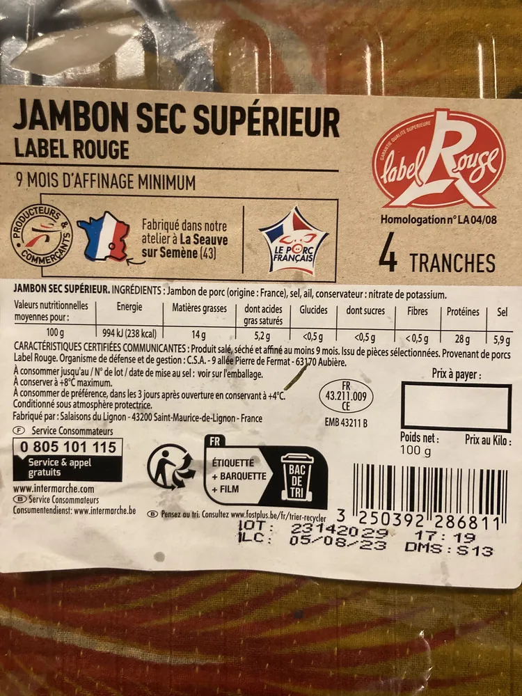 JAMBON SEC LABEL ROUGE 9 mois 4T 100g FE - massif LS