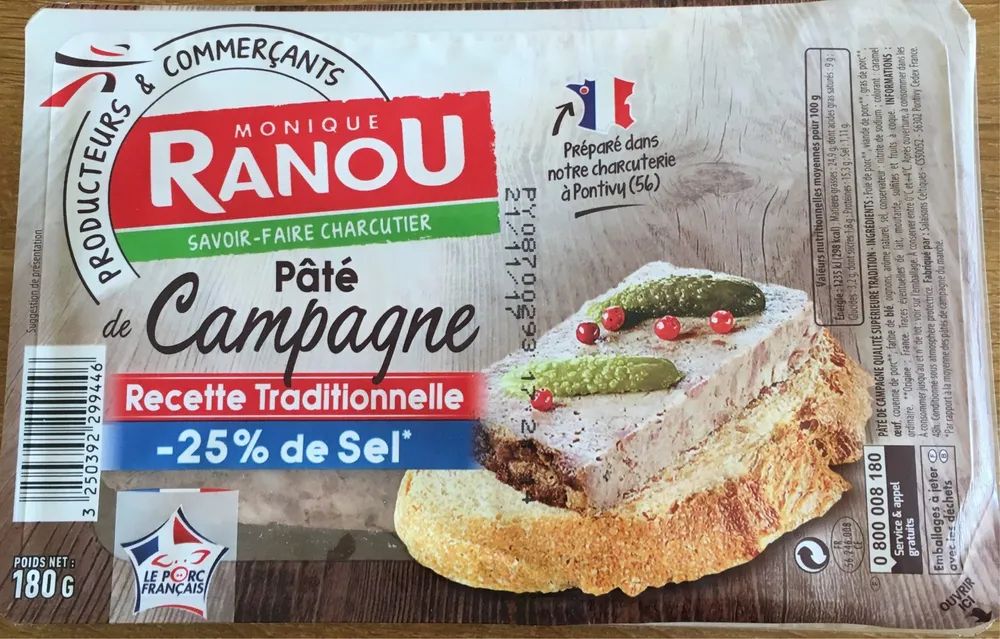 Monique Ranou Pâté de campagne sel réduit la barquette de 180 g