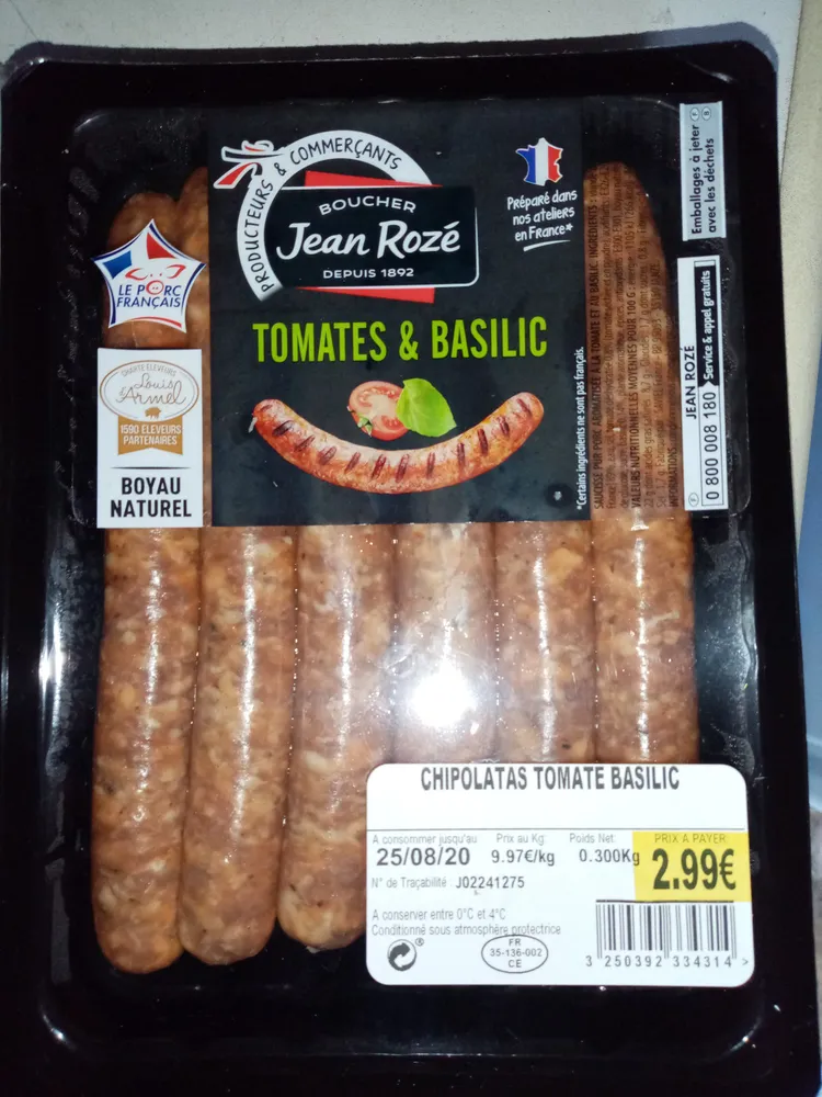 Saucisses pur porc tomates & basilic
