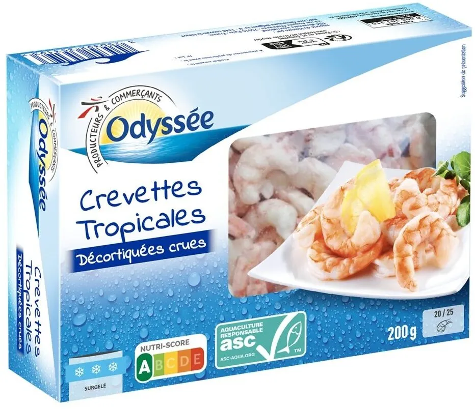 Crevettes tropicales décortiquées cuites ASC - 200g calibre 45-55/lbs