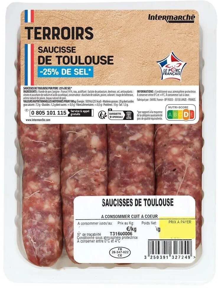 4 saucisses de toulouse superieures -25% sel