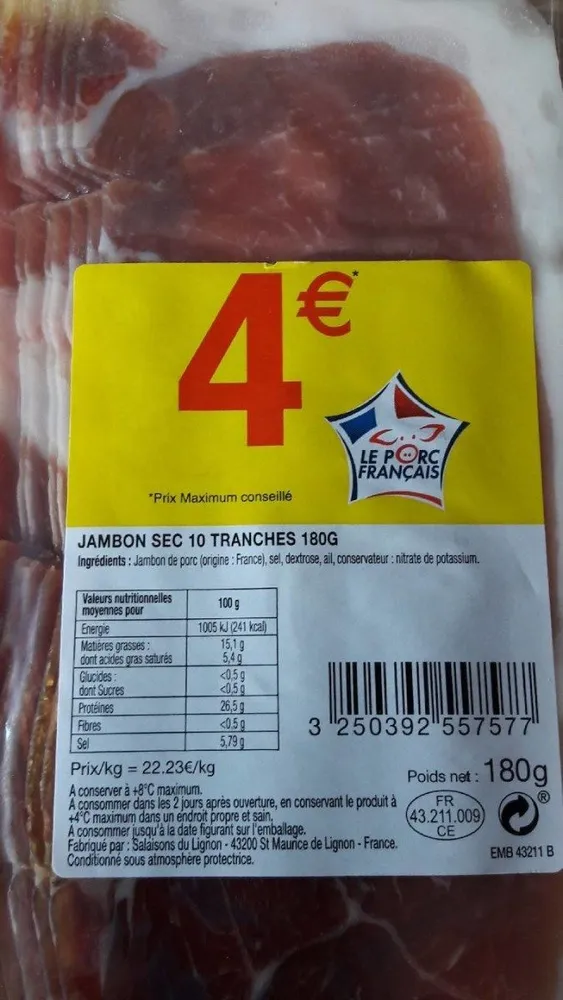 Jambon sec 10 tranches 180g