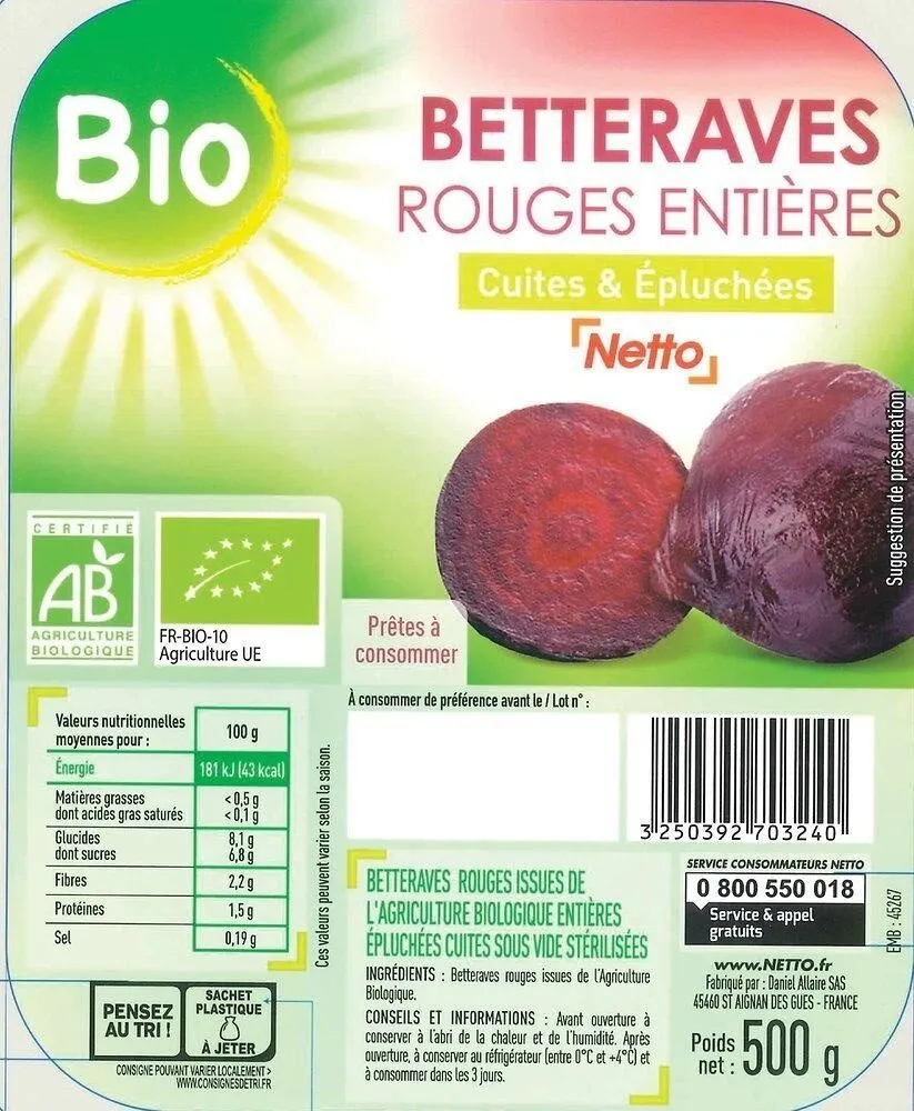 Betteraves rouges bio ent. eplu. 500g