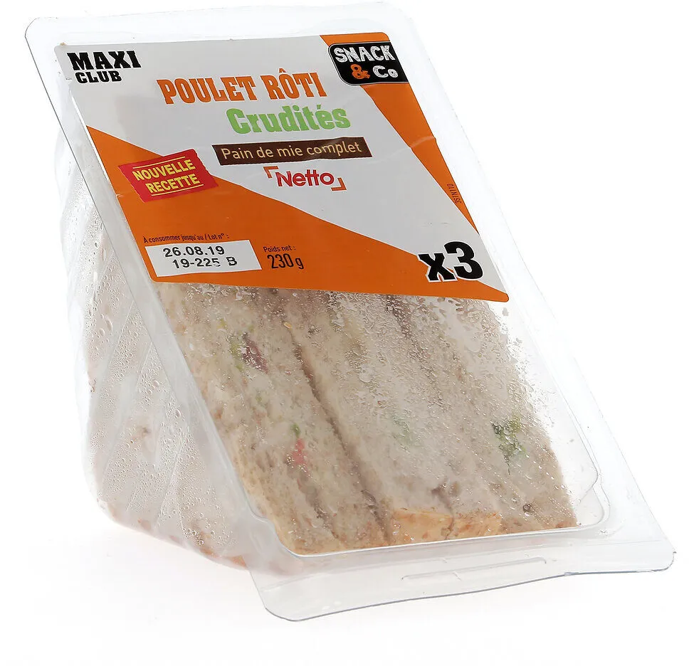 Sandwich club Trio - Poulet crudités x3 - 230g