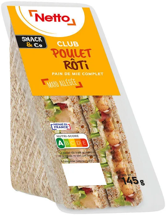 Sandwich club Duo - Poulet rôti Mayonnaise légère x2 - Pain complet - 145g