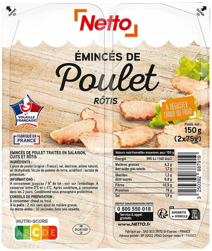 Eminces de poulet roti netto 2x75g