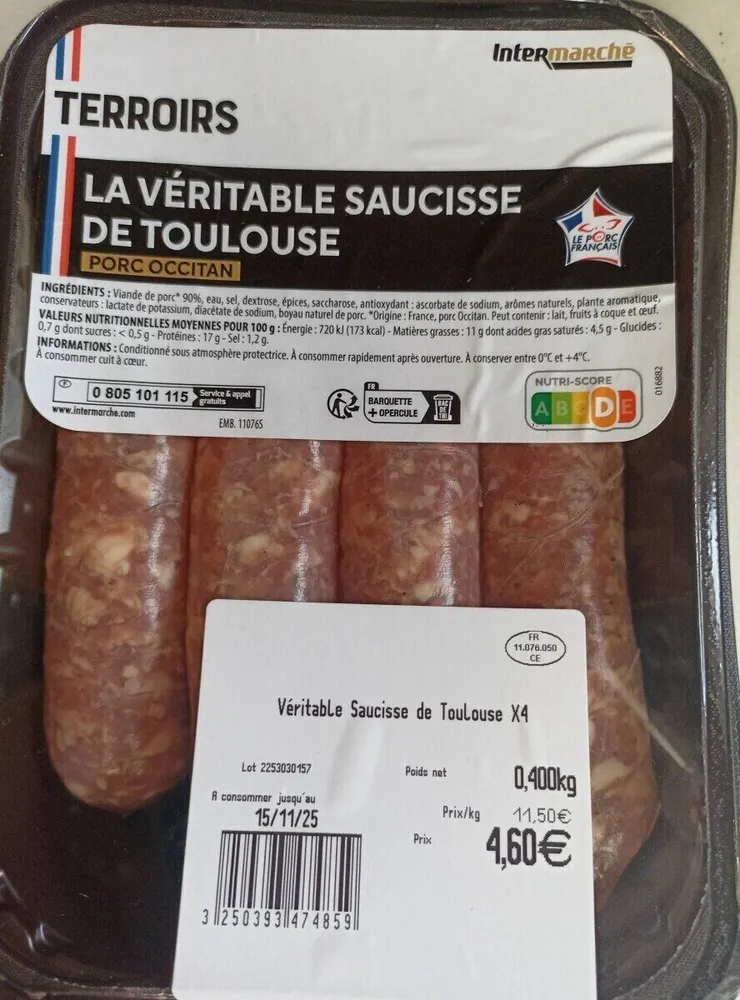 Veritable saucisse de toulouse 4x100g