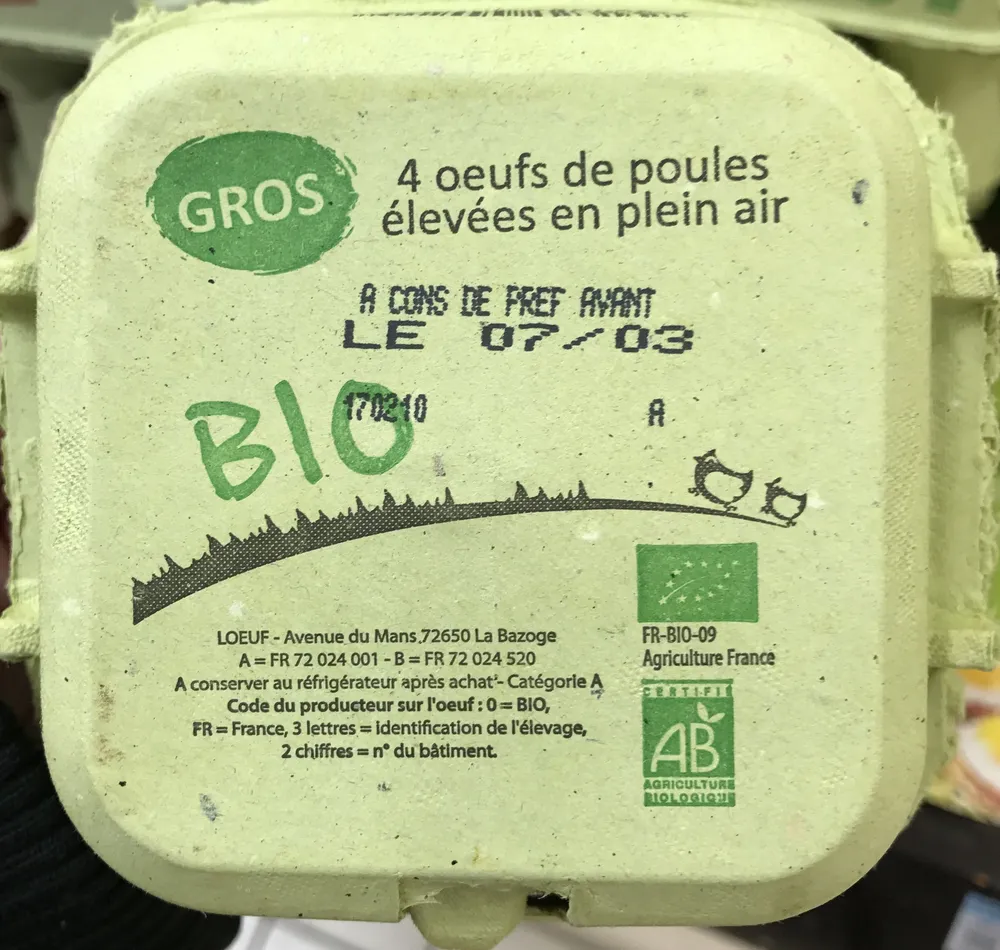 4 oeufs de poules élevées en plein air Gros Bio