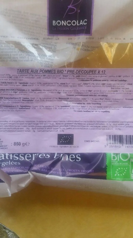 Tarte Aux Pommes, Bio, Prédécoupée En 12 Parts, Marque Boncolac