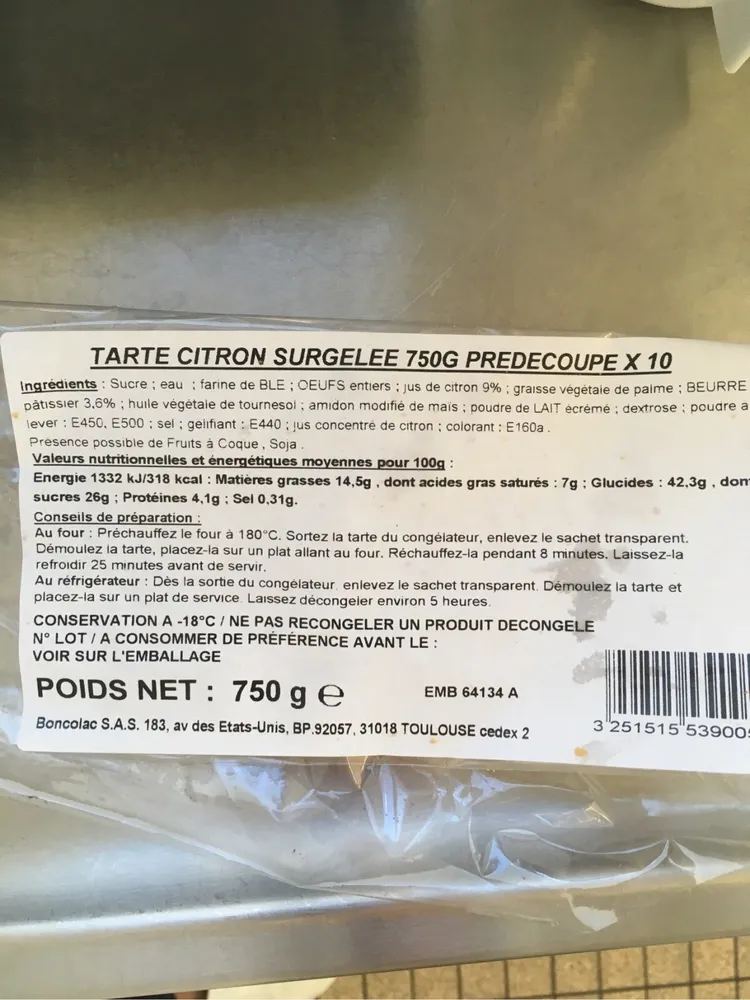 Tarte citron surgelee