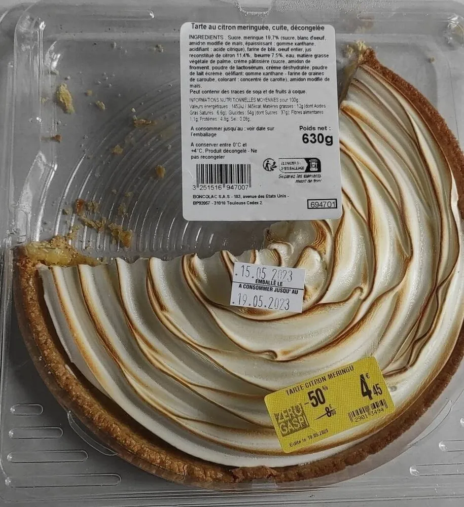 Tarte au citron meringuée, cuite, décongelée
