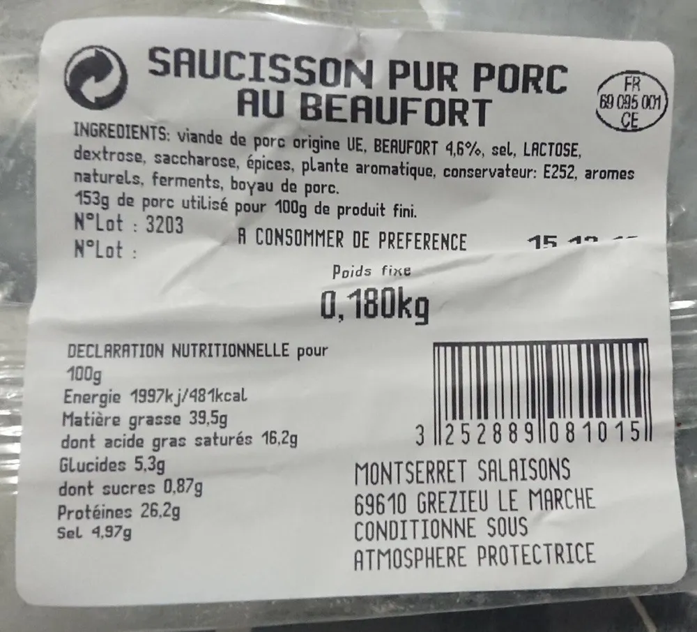 Saucisson pur porc au Beaufort