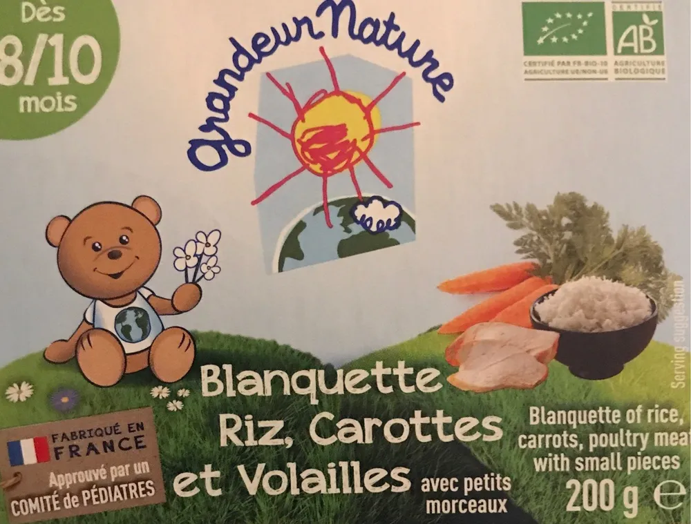 Blanquette, riz, carottes et volailles avec petis morceaux