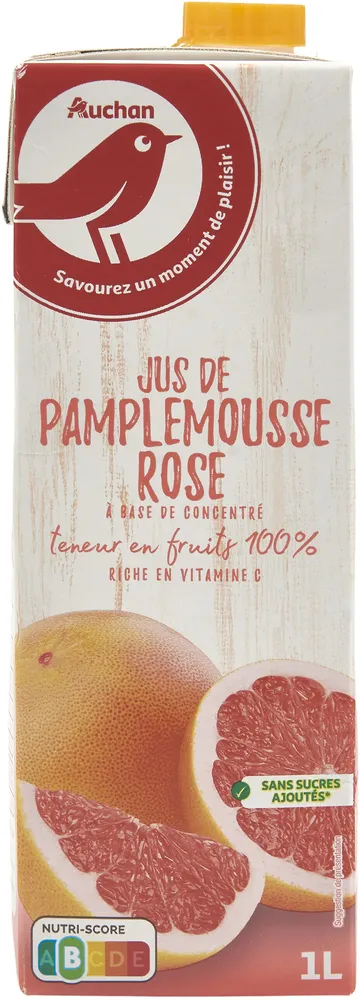 Jus de pamplemousse rose à base de concentréteneur en fruits 100%Riche en vitamine CSans sucres ajoutés** Comme tous les jus de fruits . Contient les sucres naturellement présents dans les fruits.