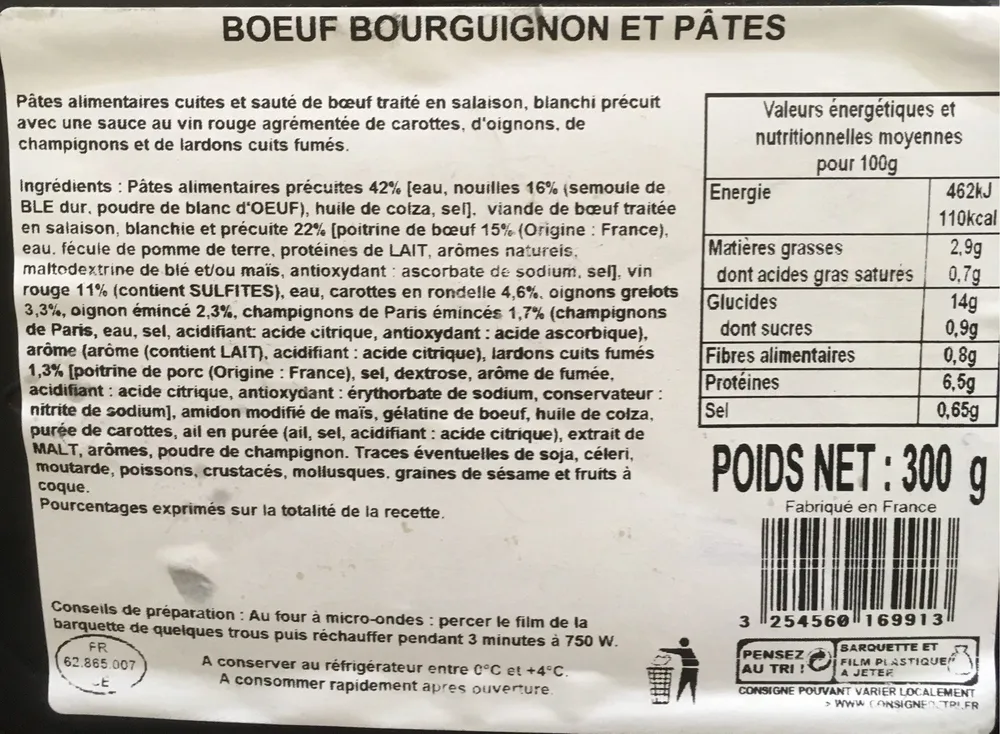 Boeuf bourgignon et pates