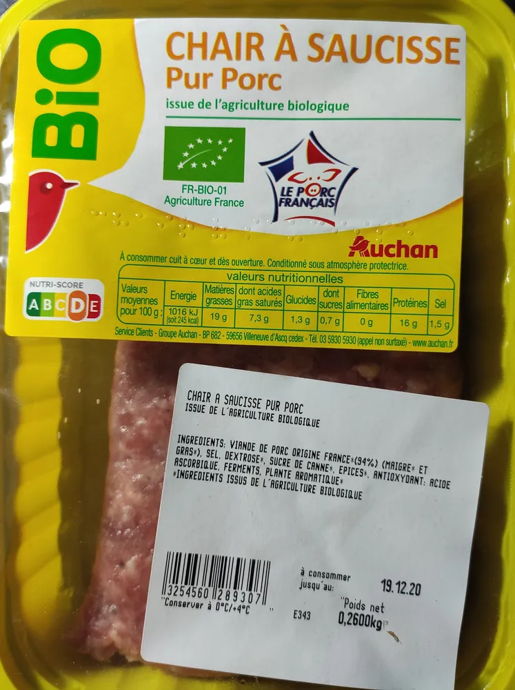 Chair à saucisse pur porc bio