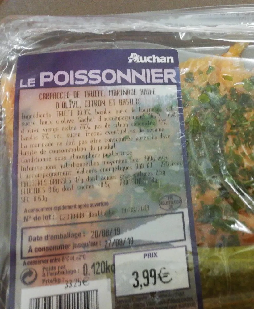 Carpaccio de truite, marinade huile d'olive citron et basilic