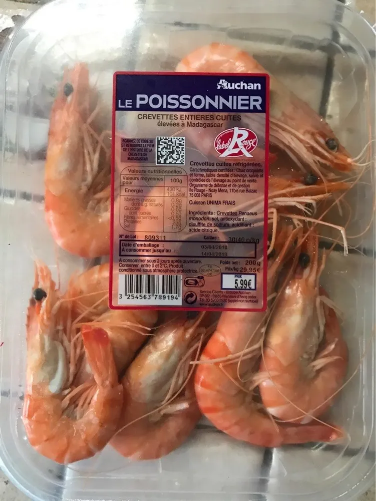 Crevettes entières label rouge 30/40