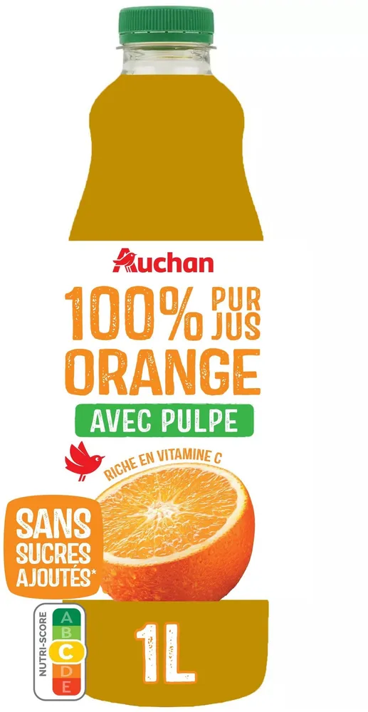 100% Pur jus orange avec pulpeRiche en vitamine CSans sucres ajoutés** Comme tous les jus de fruits. Contient les sucres naturellement présents dans les fruits.