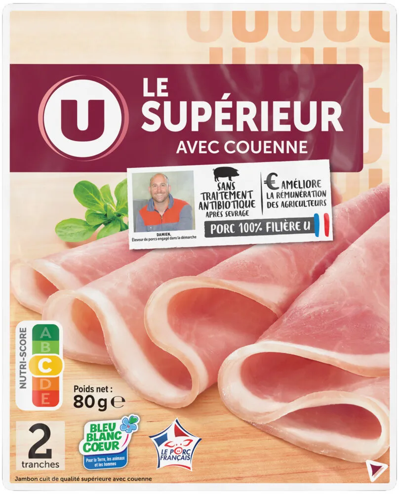 Jambon supérieur avec couenne Bleu Blanc Coeur, 2 tranches 80g