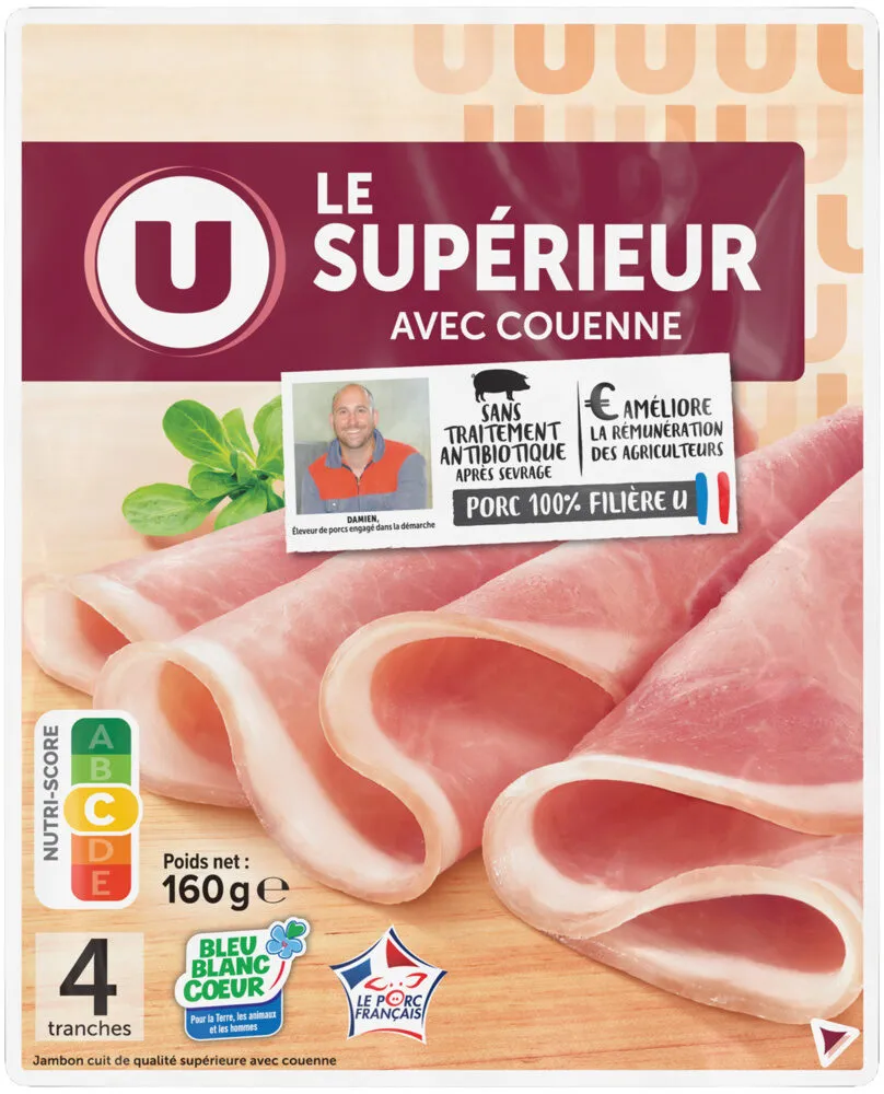 Jambon supérieur avec couenne Bleu Blanc Coeur, 4 tranches 160g