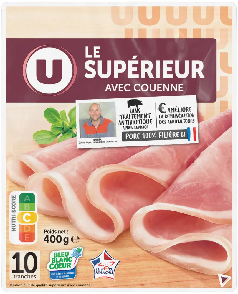 Jambon supérieur avec couenne Bleu Blanc Coeur, 10 tranches 400g