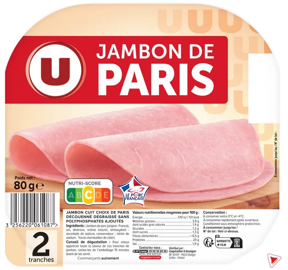 Jambon de Paris sans couenne - x2 tranches, 80g