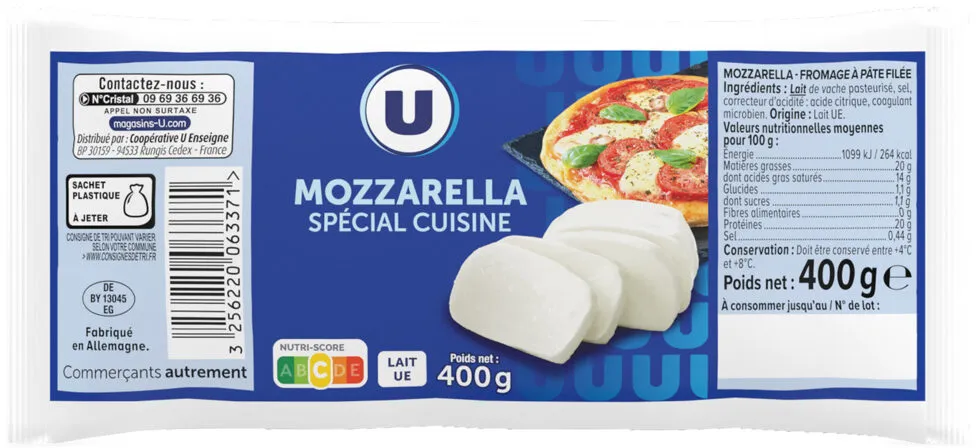 Mozzarella au lait pasteurisé 20% de MG, 400g