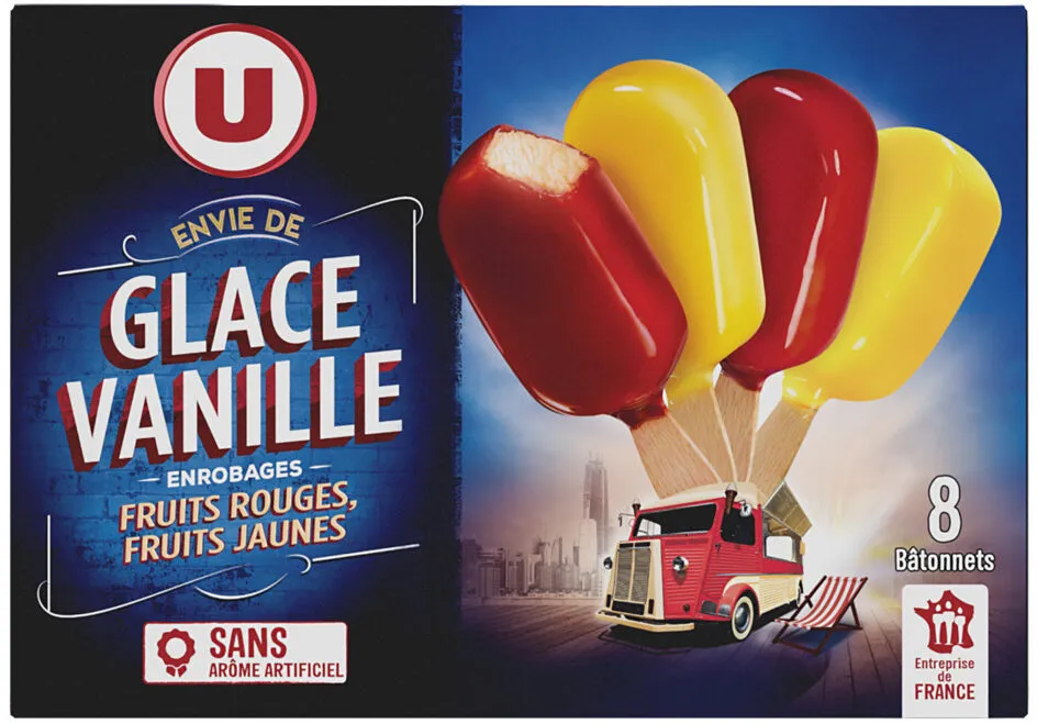 Mini bâtonnets glacés vanille, enrobages fraise, framboise, fruits jaunes et fruits exotiques 276g