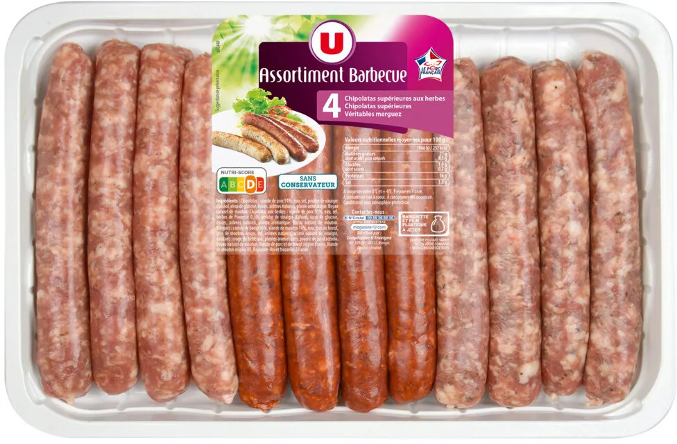 Assortiment barbecue sans colorant, 4 chipos+4 chipos herbe+4 merguez, barquette 12 pièces 660g