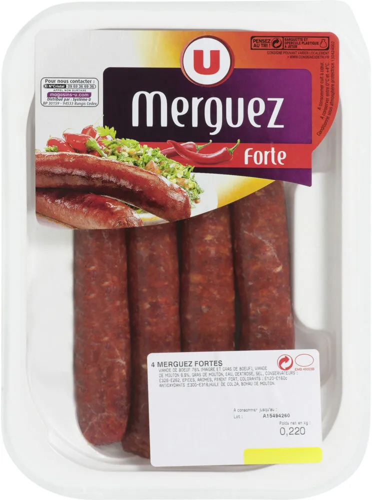 Merguez forte boeuf/mouton, 4 pièces, 220g
