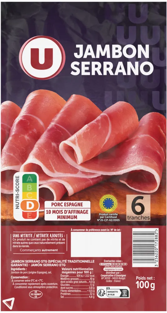 Jambon Serrano - x6 tranches, 100g