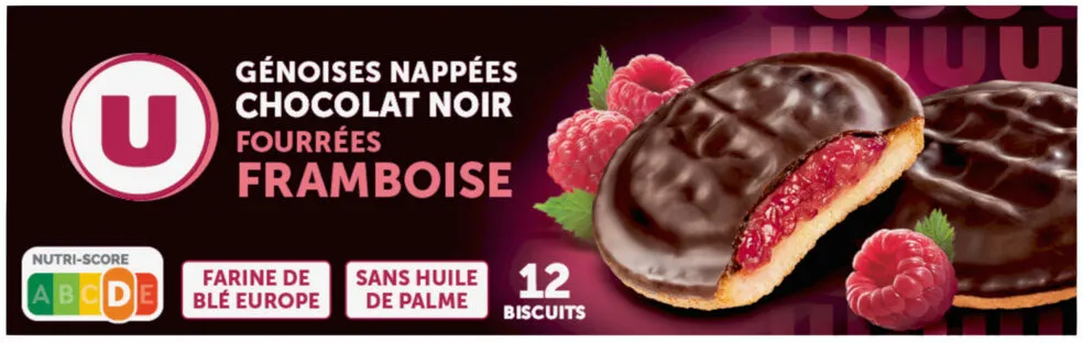 Génoises nappées chocolat noir fourrées framboise