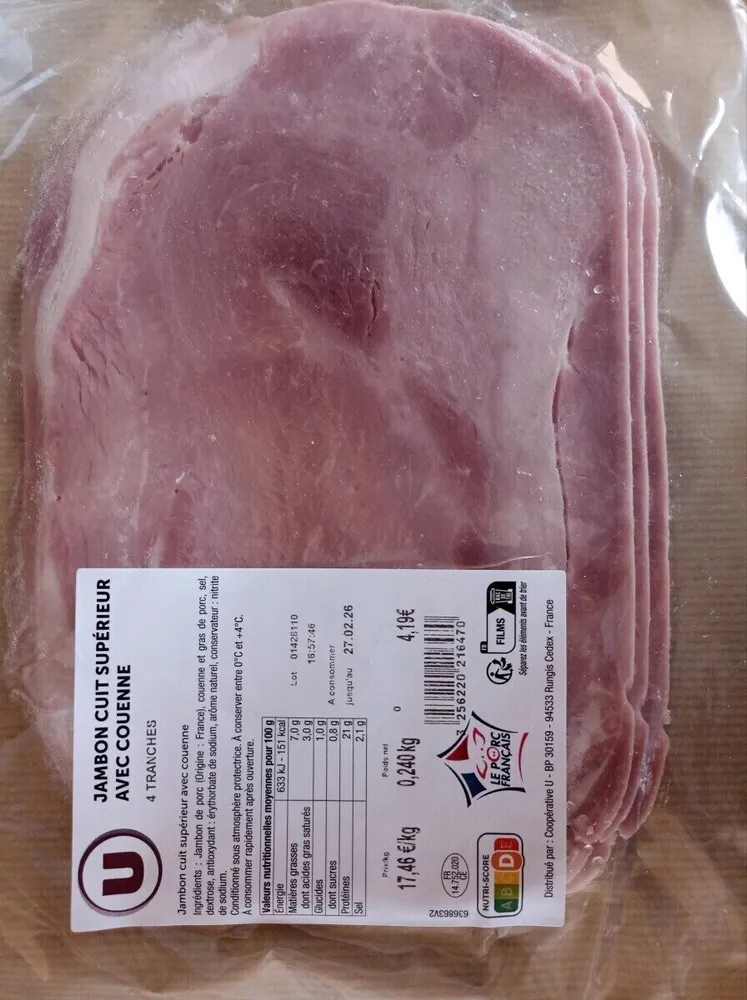 Jambon cuit supérieur avec couenne 4 tranches