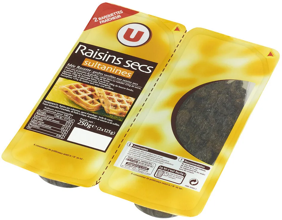 Raisin sec Sultanine, calibre 235/265, barquette sécable 2x125g