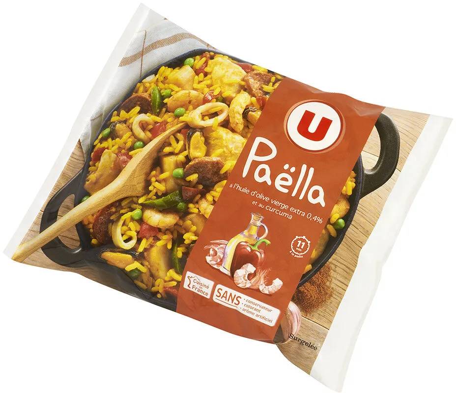 Paëlla aux fruits de mer, aiguillettes de poulet, colin d'Alaska et chorizo