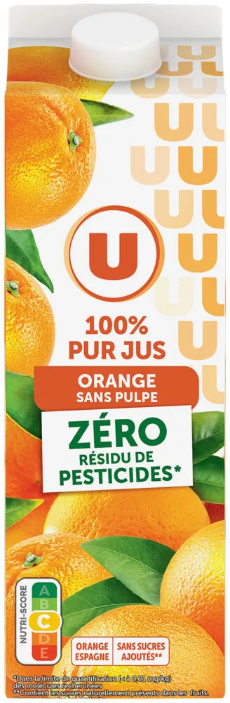 Pur jus d'orange sans pulpe, zéro résidu de pesticides, brique 1 litre