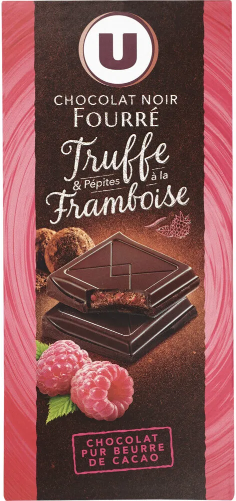 Tablette de chocolat noir fourré et pépites à la framboise