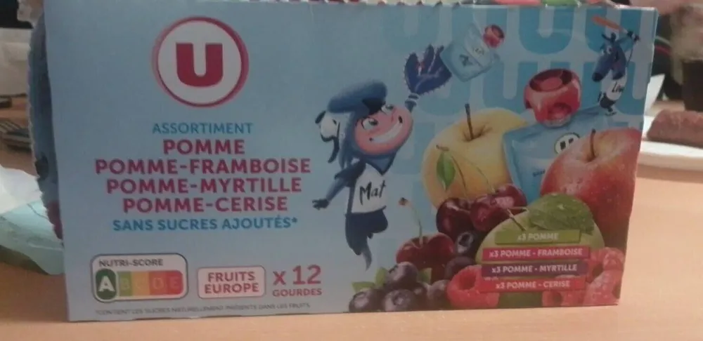 Dessert fruitier sans sucres ajoutés purée pomme nature, pomme-framboise, pommme-myrtille, pomme-cerise