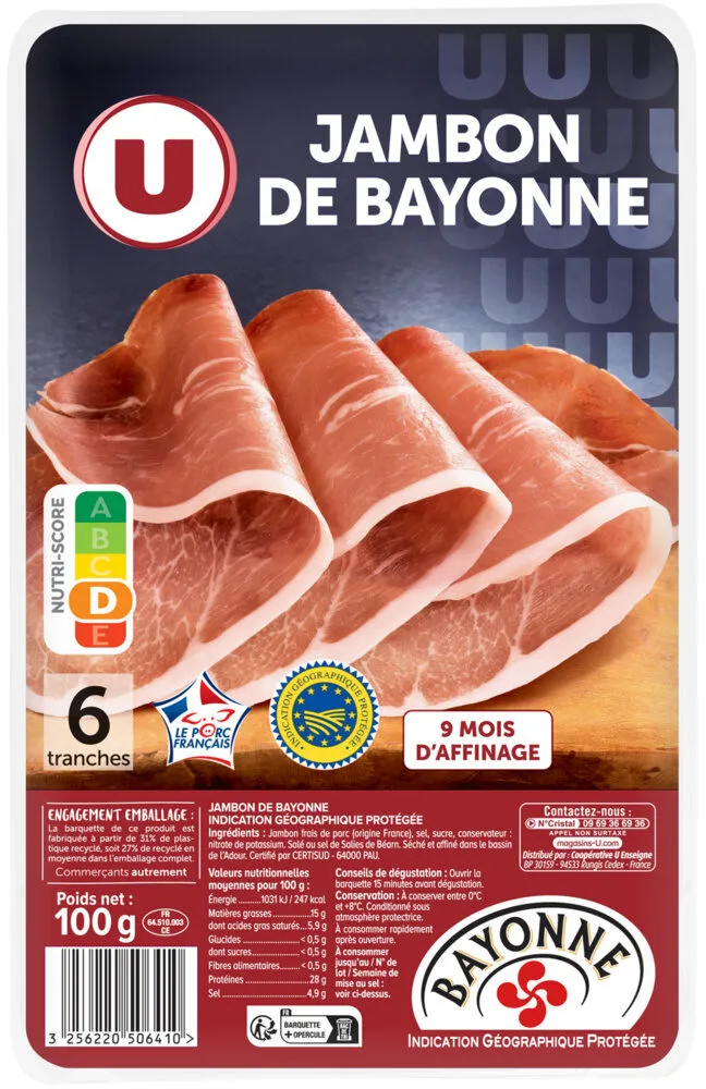 Jambon de Bayonne IGP - x6 tranches, 100g