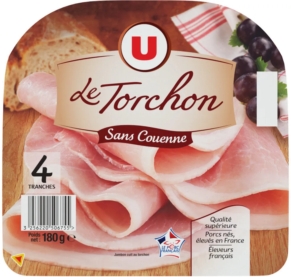 Jambon cuit au torchon découenné 4 tranches, 180g