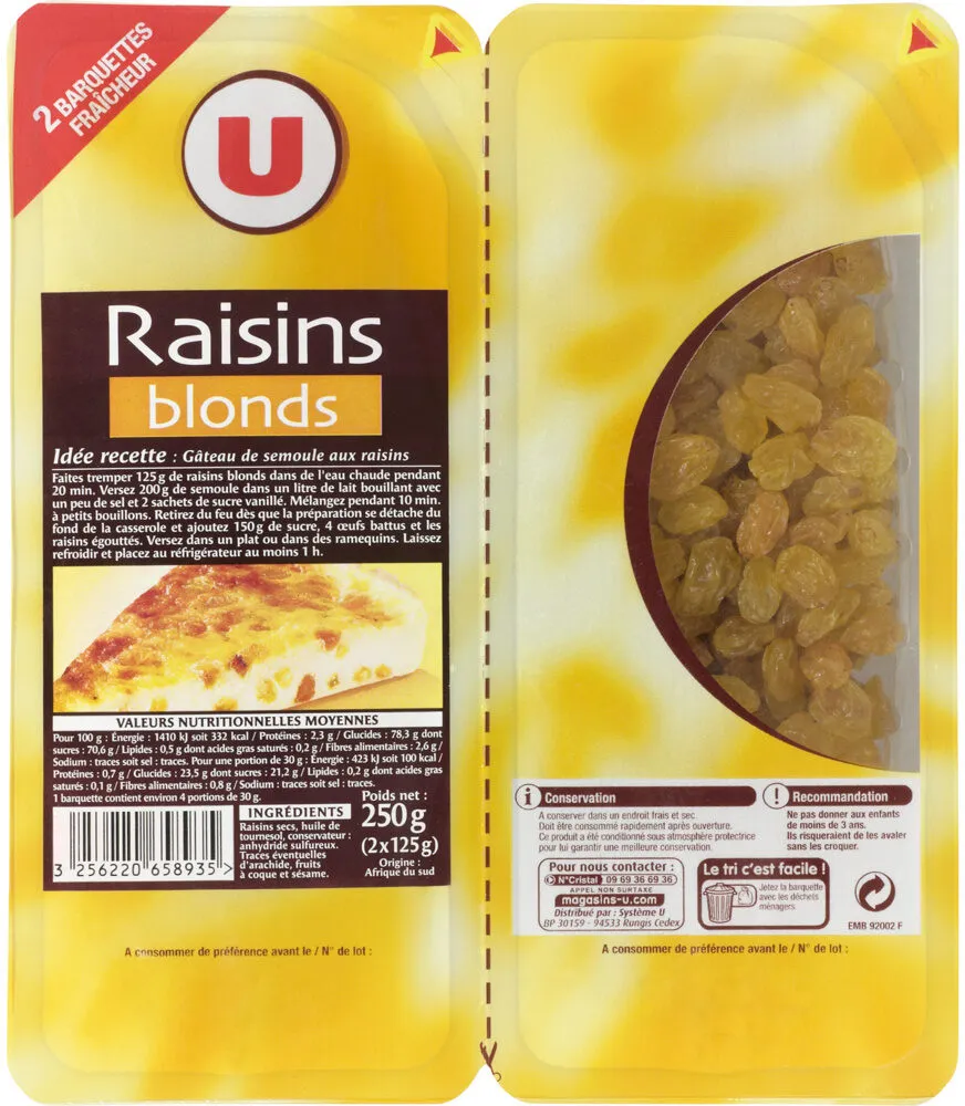 Raisin sec Golden, calibre 200/225, barquette sécable 250g