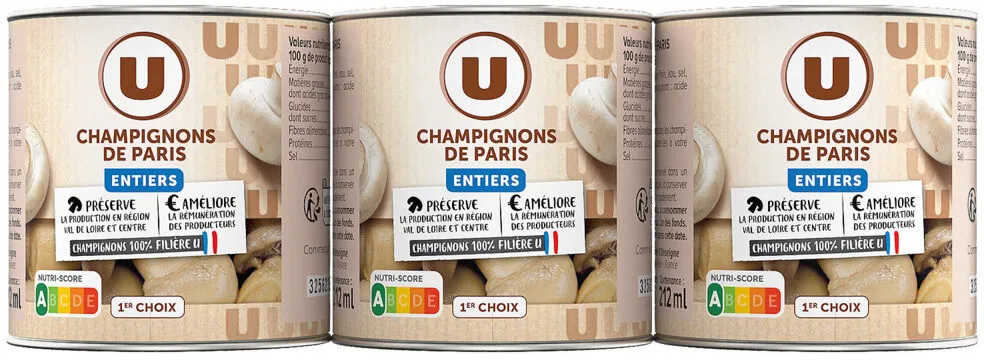 Champignons de Paris entiers au naturel - 3 boîtes de 115g