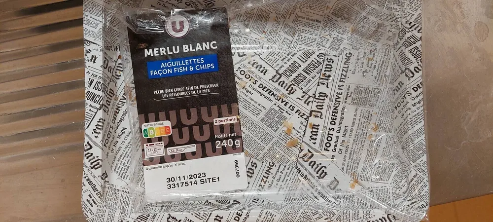 Aiguillette merlu Fish&Chips, Merluccius capensis / Merluccius paradoxus, Transformé en France, barquet. 240g