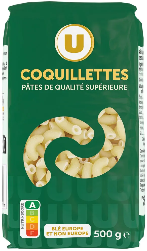 Pâtes Coquillette qualité supérieure, paquet cello de 500g