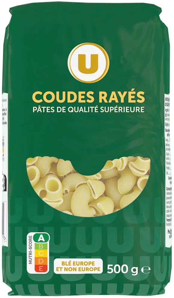 Pâtes Coudes rayés qualité supérieure, paquet cello de 500g