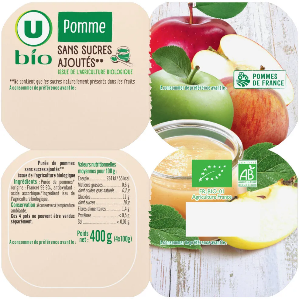 Purée de pommes , 4 pots de 100g