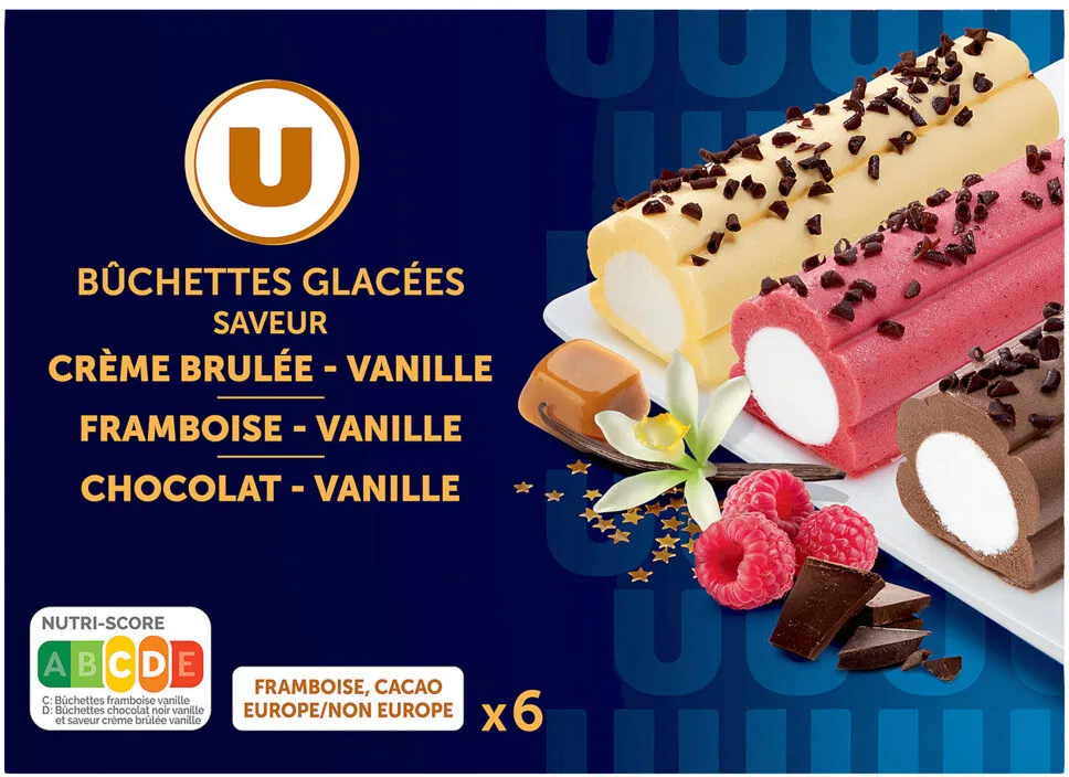 Bûchettes glacées vanille-chocolat, vanille-framboise et vanille crèmebrûlée, 6 pièces, 323g