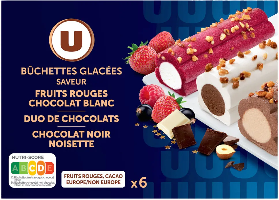 Bûchettes glacées 3 chocolats, chocolat blanc-fruits rouges et rocherpraliné, 6 pièces, 320g