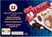 Bûchettes glacées 3 chocolats, chocolat blanc-fruits rouges et rocherpraliné, 6 pièces, 320g
